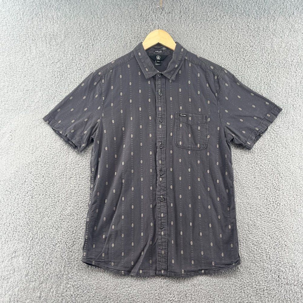 Volcom Modern Fit Button Shirt Mens Size L Gray Short Sleeves Pocket Geometric